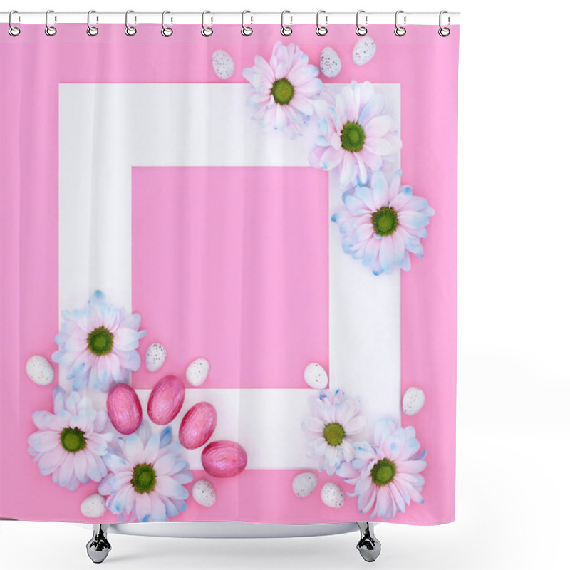 Personality  Easter Eggs With Spring Daisy Flowers Background Border With White Square Frame. Abstract Holiday Seasonal Design On Pink. Shower Curtains