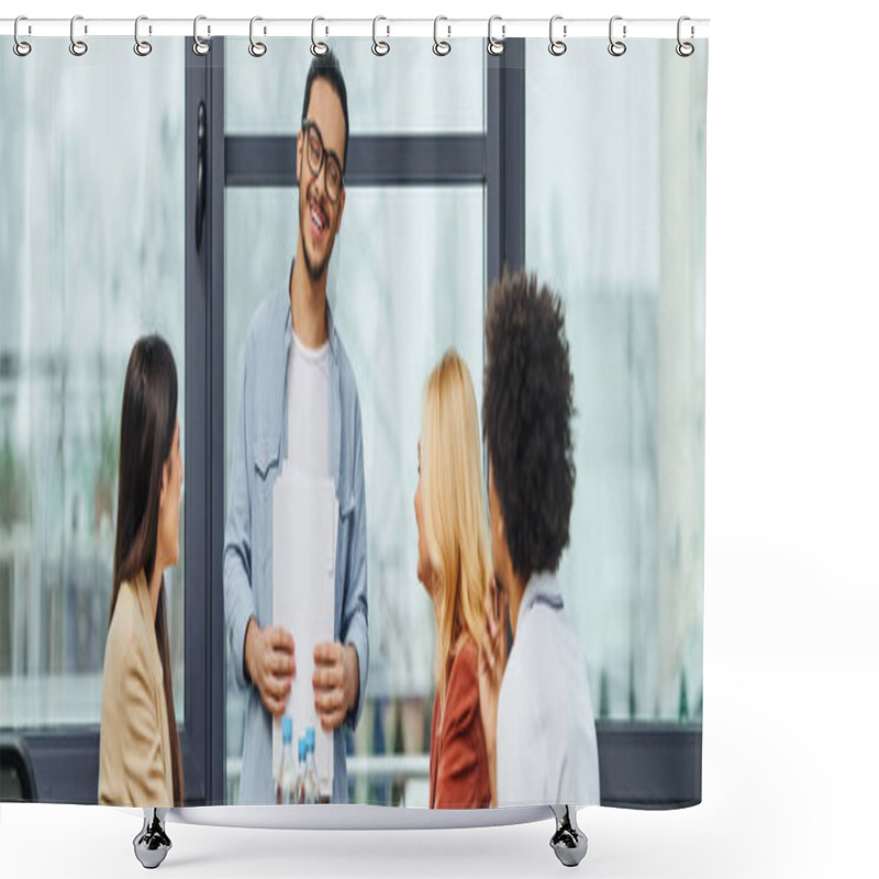 Personality  Group Of Hard-working Job Seekers Standing In Front Of A Window During An Interview. Shower Curtains