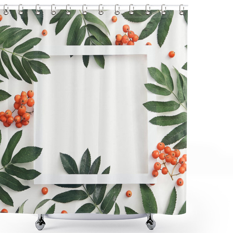 Personality  Fresh Sorbus Berries And Branches Top View. Red Rowan And Green Leaves Social Media Post Design. Wild Fruits Square Frame Concept. Tree Twigs Botanical Composition On White Background Shower Curtains