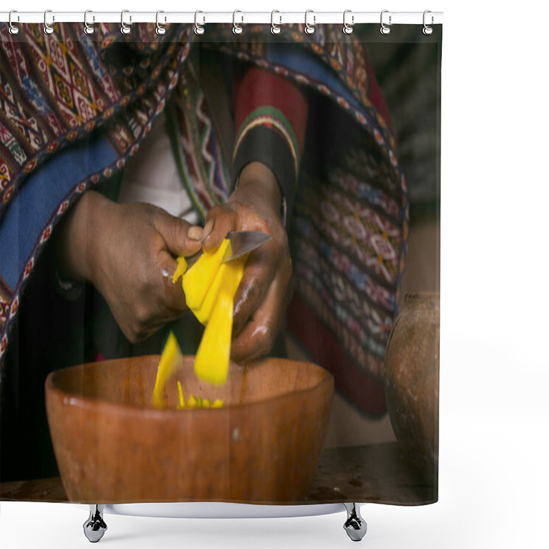 Personality  Cooking A Traditional Andean Vegetable Soup Before A Pachamanca Feast With A Quechua Tribe In The Sacred Valley, Peru. Shower Curtains