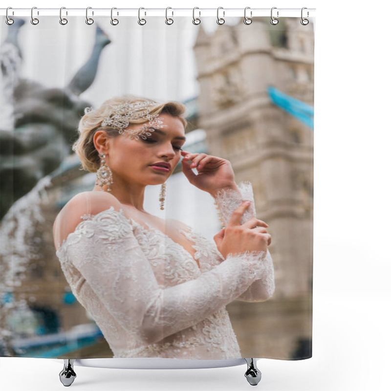 Personality  Bride In Ivory Dress, Background Tower Bridge, Girl With A Dolphin Fountain Shower Curtains