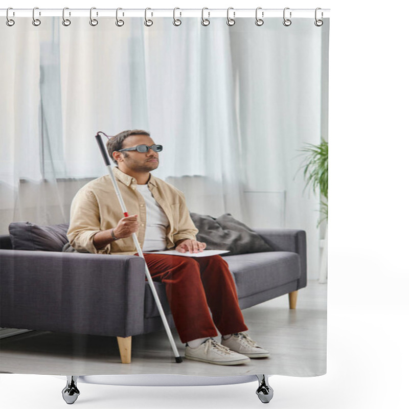 Personality  Handsome Indian Man With Visual Impairment With Glasses And Walking Stick Reading Braille Code Shower Curtains