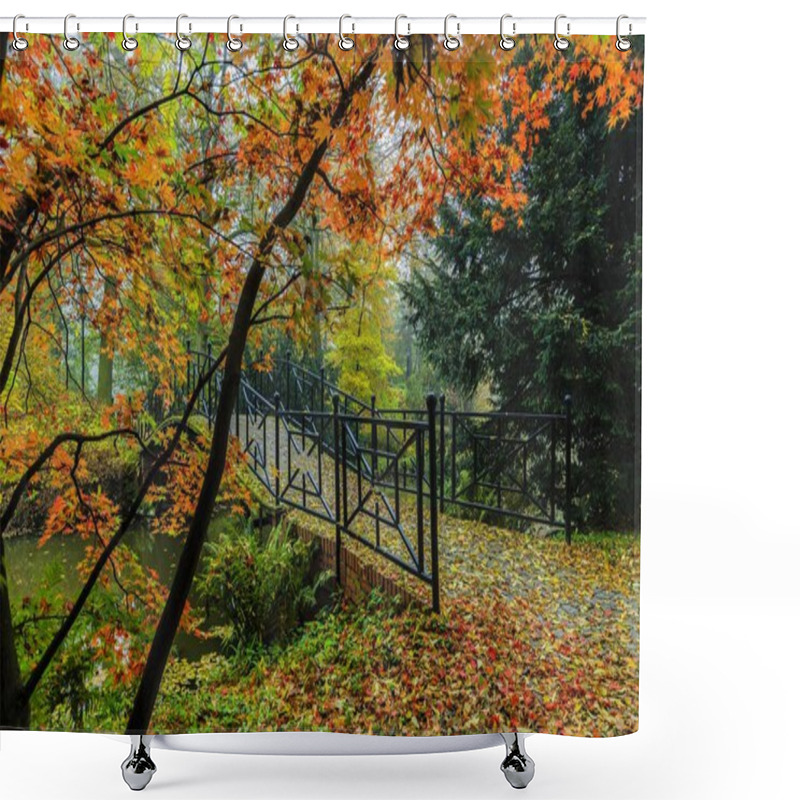 Personality  Scenic View Of Misty Autumn Landscape With Beautiful Old Bridge  Shower Curtains