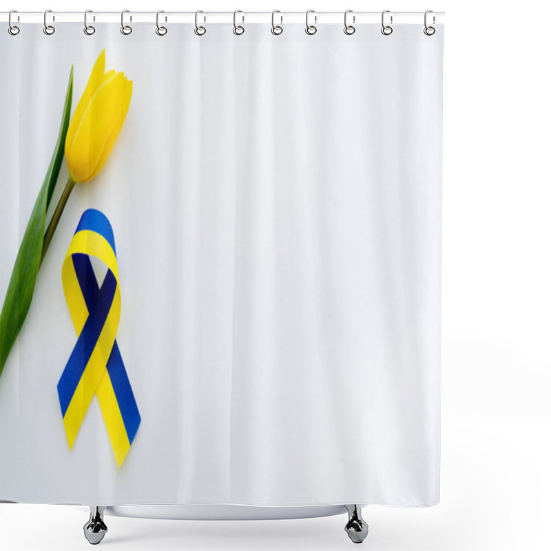 Personality  Top View Of Blue And Yellow Ribbon Near Tulip On White Background With Copy Space Shower Curtains