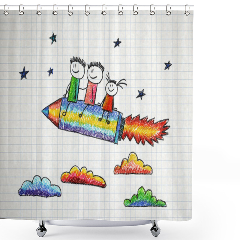 Personality  Happy Kids With Pencil Shaped Rocket Shower Curtains