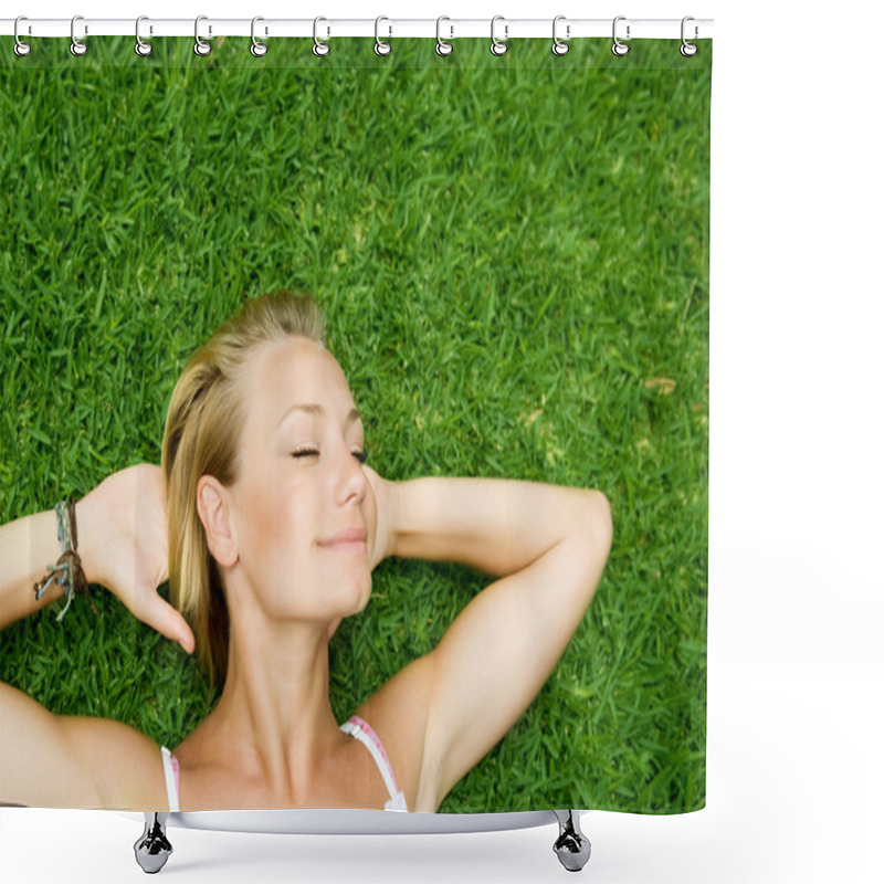 Personality  Beautiful Healthy Young Woman Lying On The Green Grass Shower Curtains