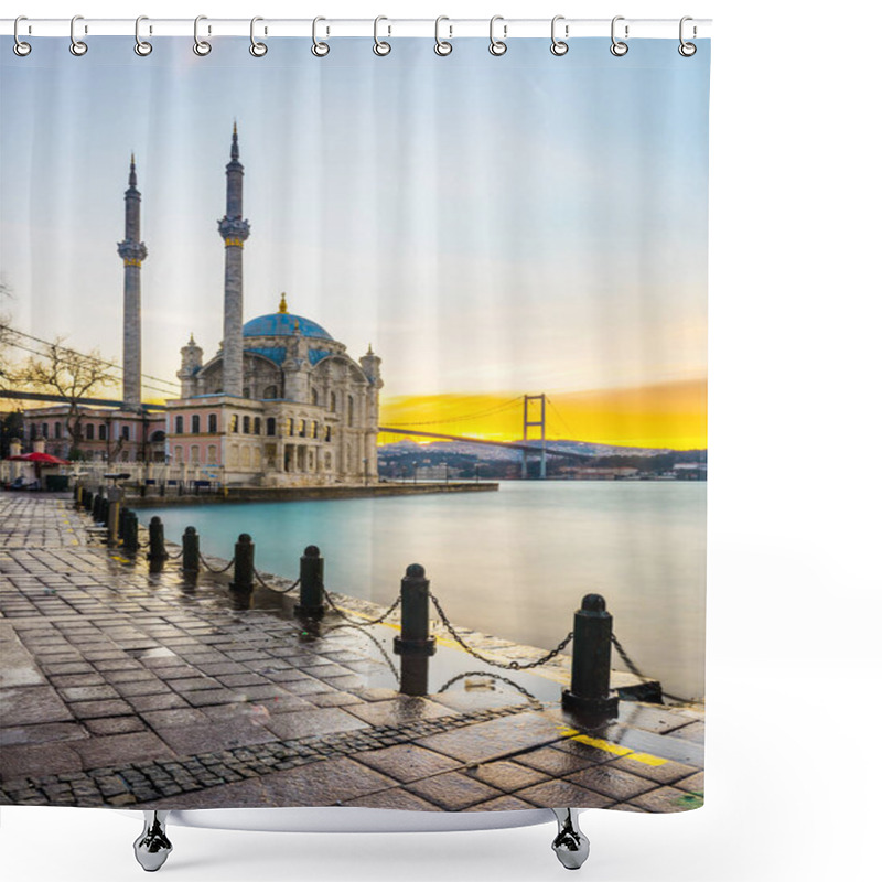 Personality  ISTANBUL, TURKEY. Beautiful Istanbul Sunrise Landscape In Ortakoy. Istanbul Bosphorus Bridge And Ortakoy Mosque Shower Curtains