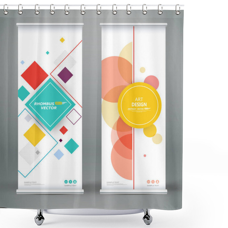 Personality  Abstract Composition. White Roll Up Brochure Cover Design. Info Banner Frame. Text Font. Title Sheet Model Set. Modern Vector Front Page Art. Lozenge Part Brand Flag. Round Figure Icon. Ad Flyer Fiber Shower Curtains