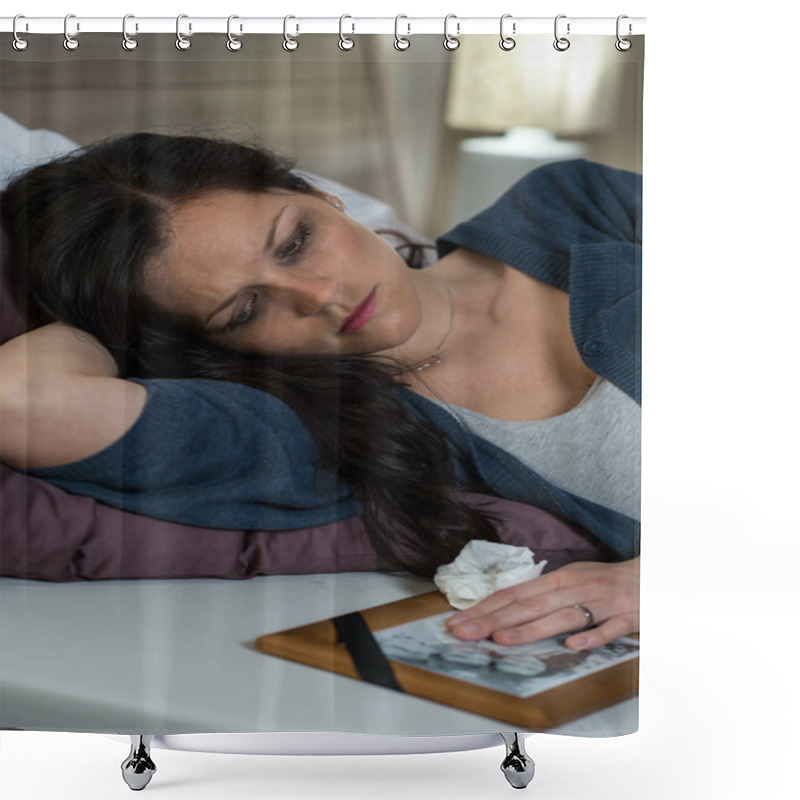 Personality  Sad Caucasian Widow Lying In Bed Shower Curtains