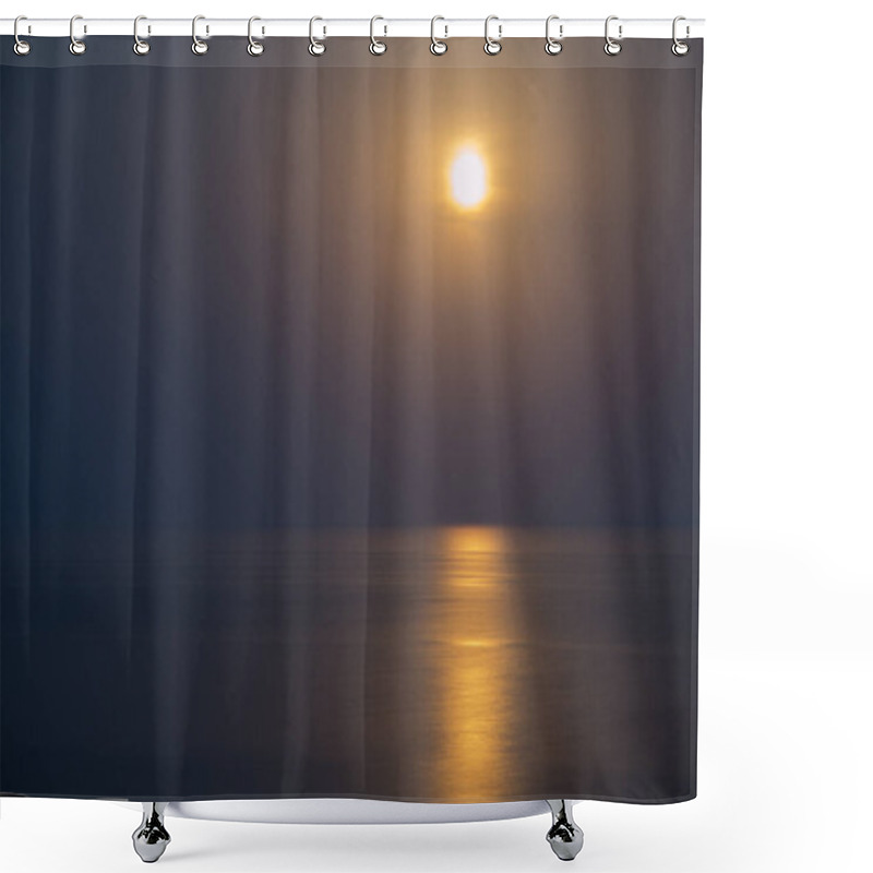 Personality  The Full Red Moon Shines Brightly In The Sky On A Dark Night Over The Calm Sea. Beautiful Moon Path On The Water Shower Curtains