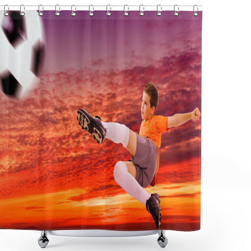 Personality  Soccer Player Doing Flying Kick With Ball Against A Dramatic Sk Shower Curtains