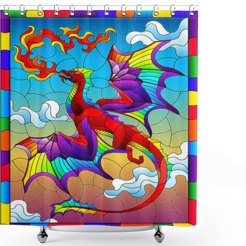 Personality  Illustration In Stained Glass Style With Bright Dragon With Flames Against The Sky And Clouds Background, In Bright Frame Shower Curtains