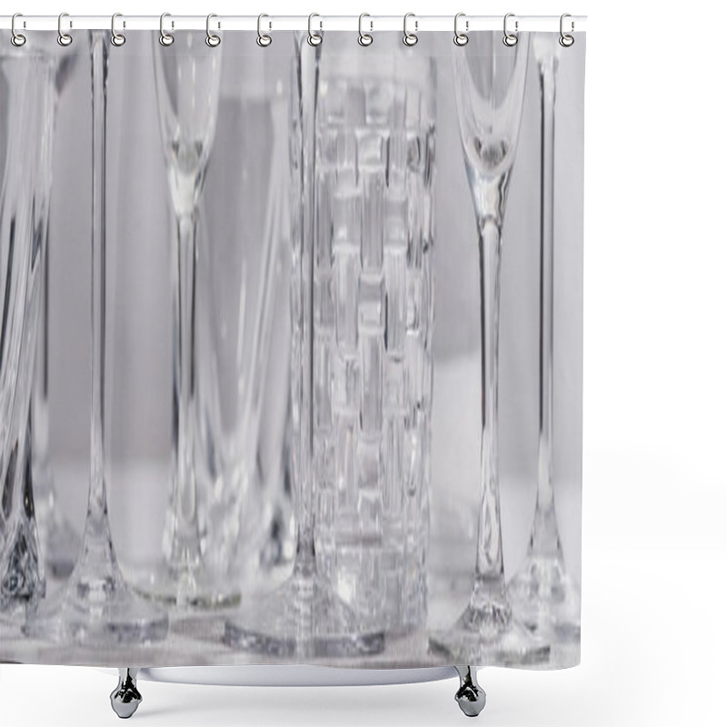 Personality  Panoramic Shot Of Clear Glasses On Tablecloth On Grey Background Shower Curtains