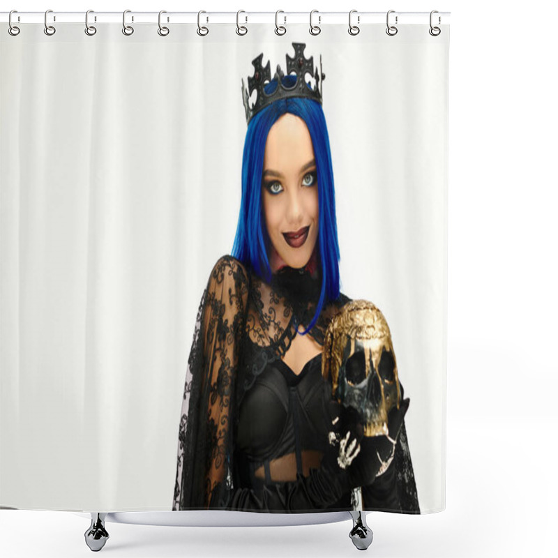 Personality  A Beautiful Young Woman Dressed In A Halloween Outfit, Showcasing A Striking Blue Wig And Crown. Shower Curtains