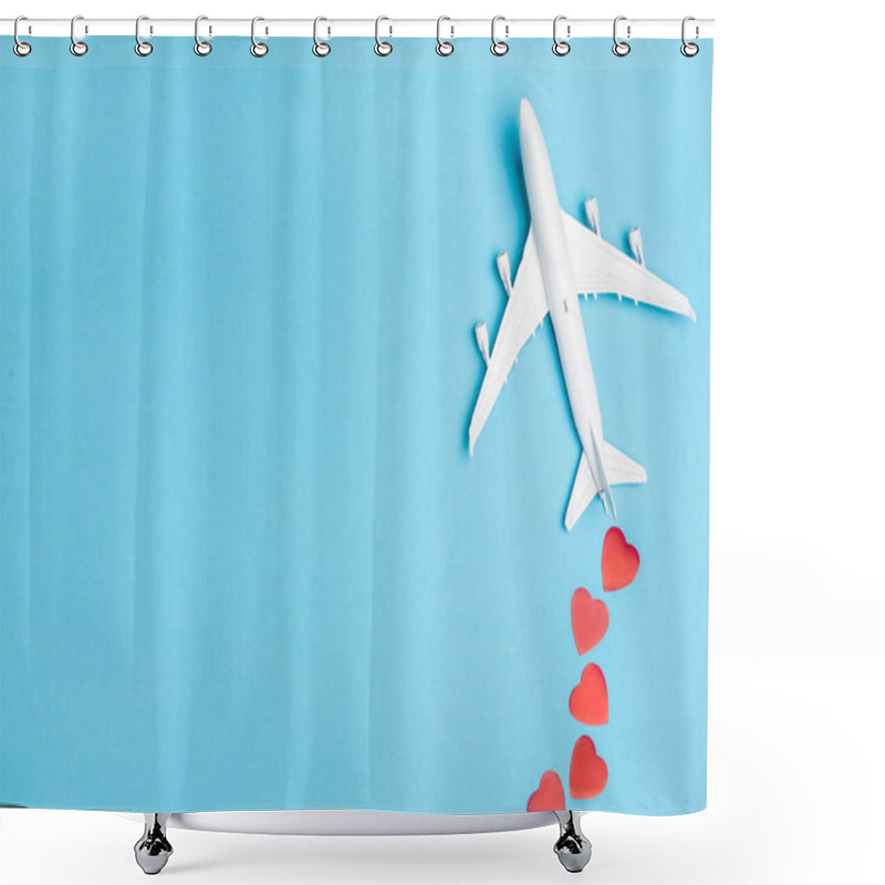 Personality  Top View Of Plane Model And Red Hearts On Blue Background Shower Curtains