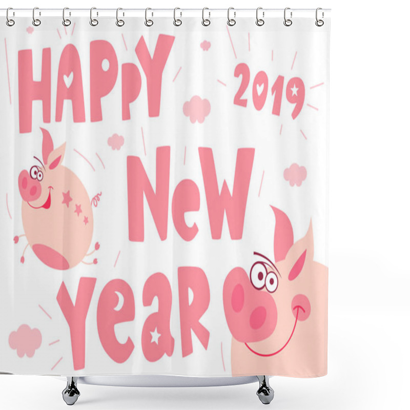 Personality  Cute Cartoon Piggy Flying Character, Funny, Smile, Nose, Heart, Piglet, Pink. Greeting Cards, Lettering, Asian Symbol Mascot Year Of Pig Design Chinese New Year 2019. Hand Drawn Vector Illustration. Shower Curtains