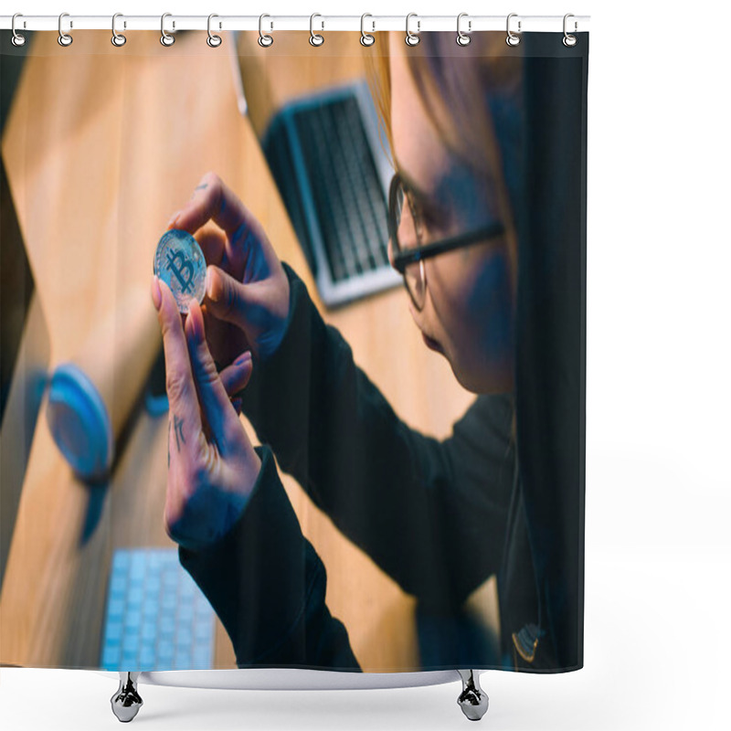 Personality  Close-up Shot Of Young Female Hacker Holding Bitcoin Shower Curtains