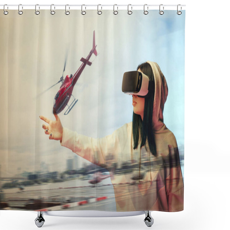 Personality  Double Exposure Of Brunette Girl Gesturing While Using Virtual Reality Headset And Helicopter Flying Near Buildings  Shower Curtains