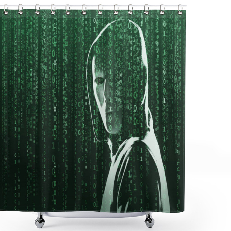 Personality  Anonymous Computer Hacker Over Abstract Digital Background. Obscured Dark Face In Mask And Hood. Data Thief, Internet Attack, Darknet Fraud, Dangerous Viruses And Cyber Security Concept. Shower Curtains