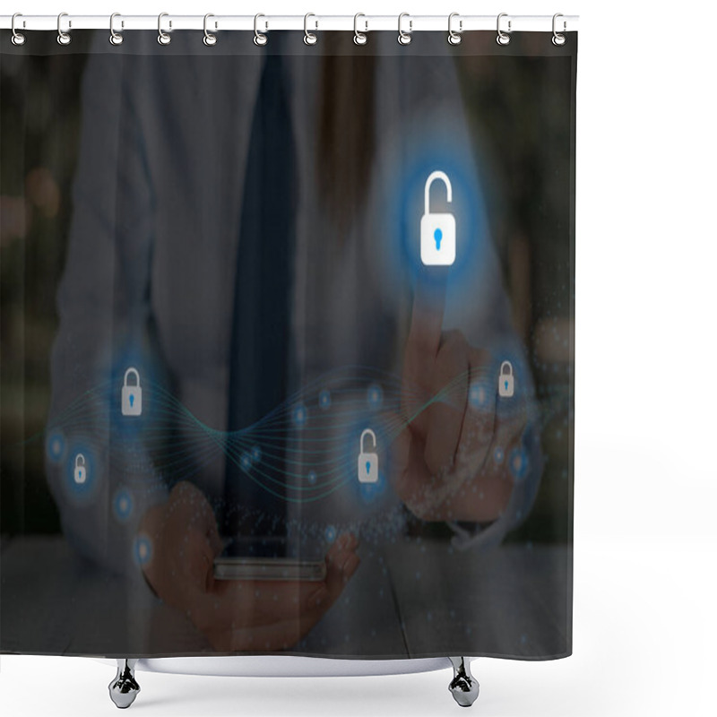 Personality  Graphics Of Latest Digital Technology Protection Data Padlock Security On The Virtual Display. Businessman With Lock To Secure. Shower Curtains