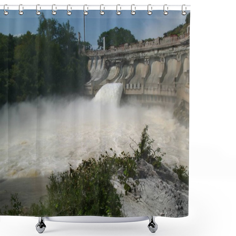 Personality  Water Cascading Over An Old Dam In Nature. Shower Curtains