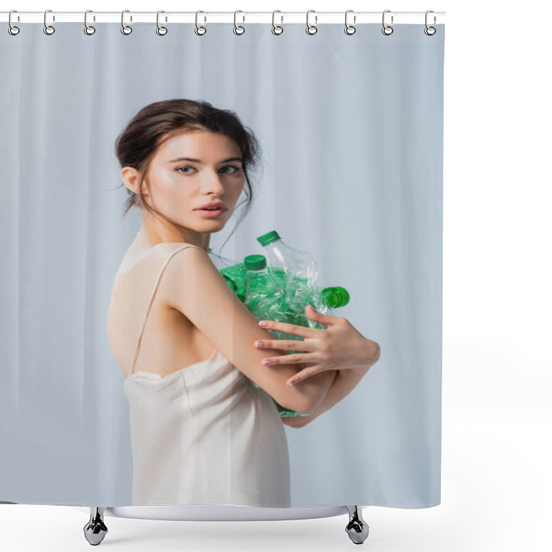 Personality  Brunette Woman In Silk Dress Holding Empty And Plastic Bottles Isolated On Grey, Ecology Concept  Shower Curtains