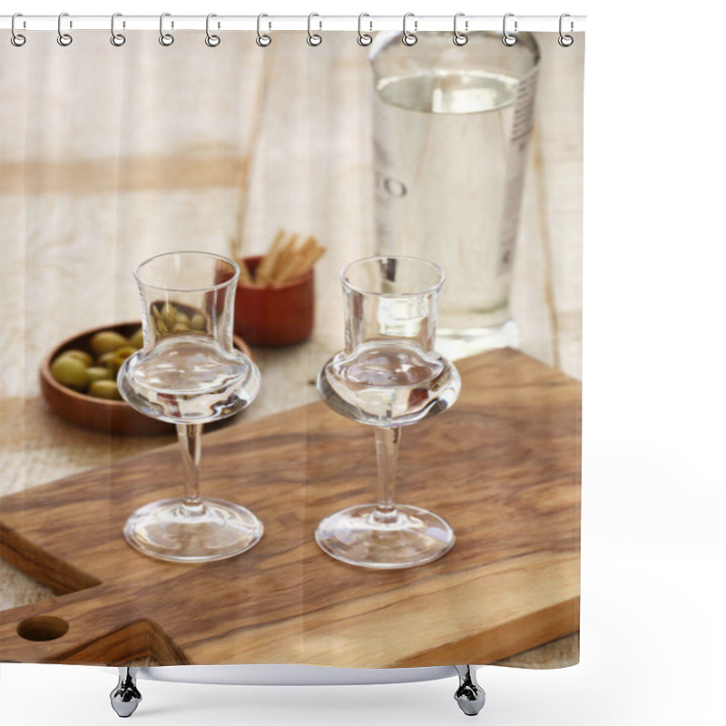 Personality  Two Glasses Of  Grappa Bianca, Italian Digestif, Grape-based Pomace Brandy Shower Curtains