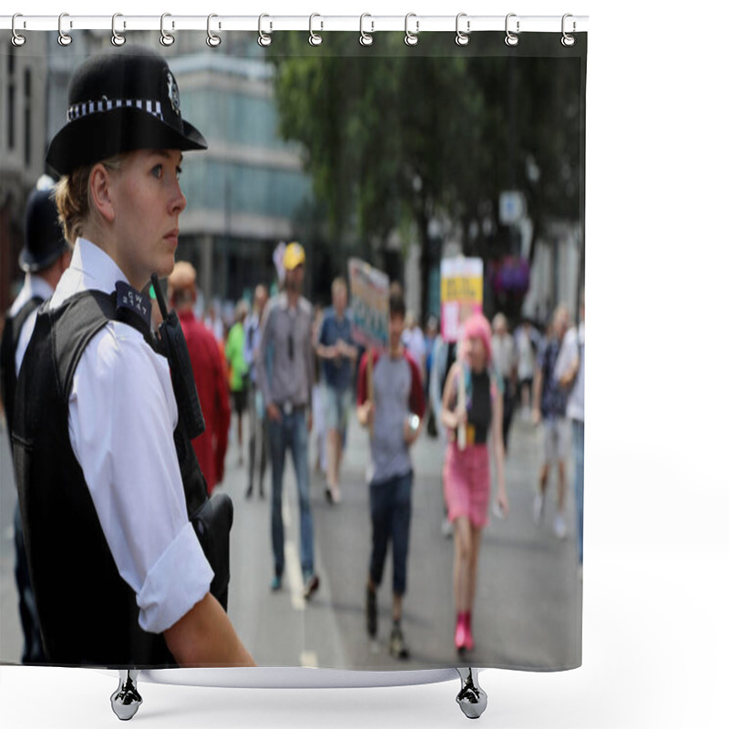 Personality  London, UK  July 13, 2018. A Female Police Officer Surveys The Scene Ahead Of The Arrival Of A Demonstration To Protest Against US President Donald Trump In Central London Shower Curtains