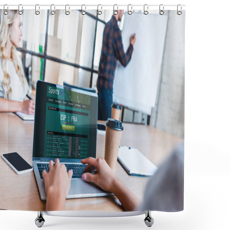 Personality  Cropped Cropped Shot Of Business Person Using Laptop With Sports Betting App On Screen During Meeting With Colleagues Shower Curtains