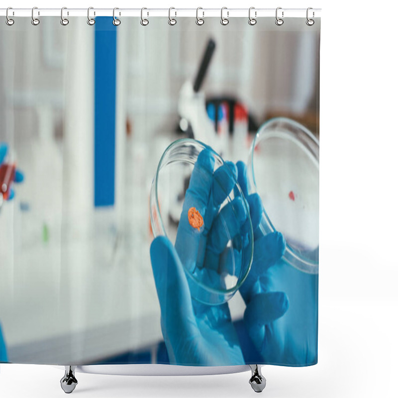 Personality  Cropped View Of Biochemist In Rubber Gloves Holding Petri Dishes With Biomaterial Shower Curtains