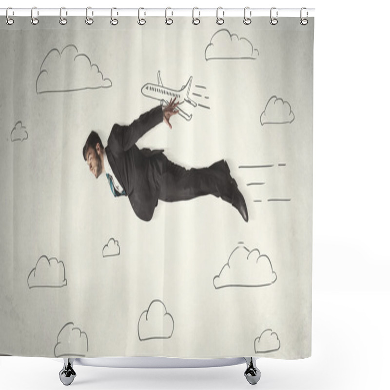 Personality  Cheerful Business Person Flying Between Hand Drawn Sky Clouds Shower Curtains