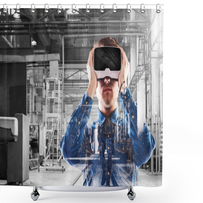 Personality  Man Wearing Virtual Reality Goggles. We Shower Curtains