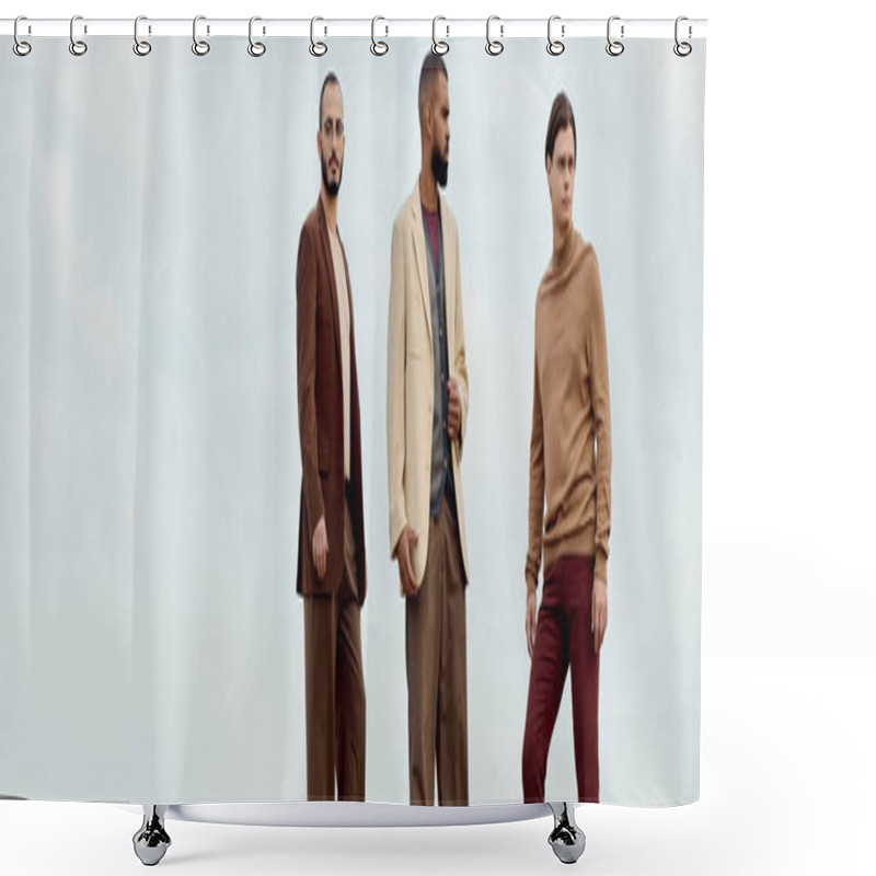 Personality  Handsome Men Dressed In Fashionable Autumn Attire Stand Confidently In A Tranquil Field Surrounded By Nature. Shower Curtains