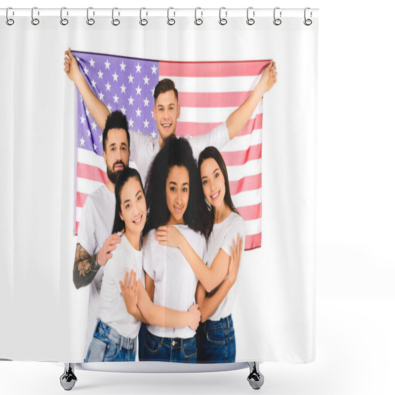 Personality  Multiethnic Group Of Young People Hugging And Holding Flag Of Usa Isolated On White Shower Curtains