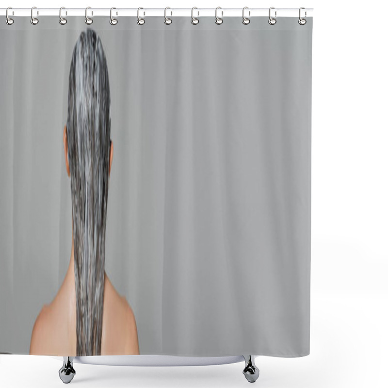 Personality  Back View Of Young Woman With Bare Shoulders And Mask On Wet Hair Isolated On Grey, Banner  Shower Curtains