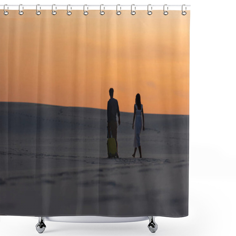 Personality  Back View Of Couple Walking On Beach With Travel Bag At Sunset Shower Curtains