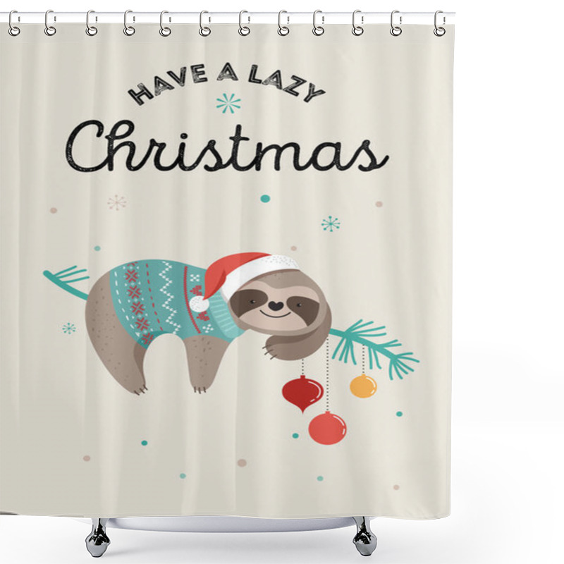 Personality  Cute Sloths, Funny Christmas Illustrations With Santa Claus Costumes, Hat And Scarfs, Greeting Cards Set, Banner Shower Curtains