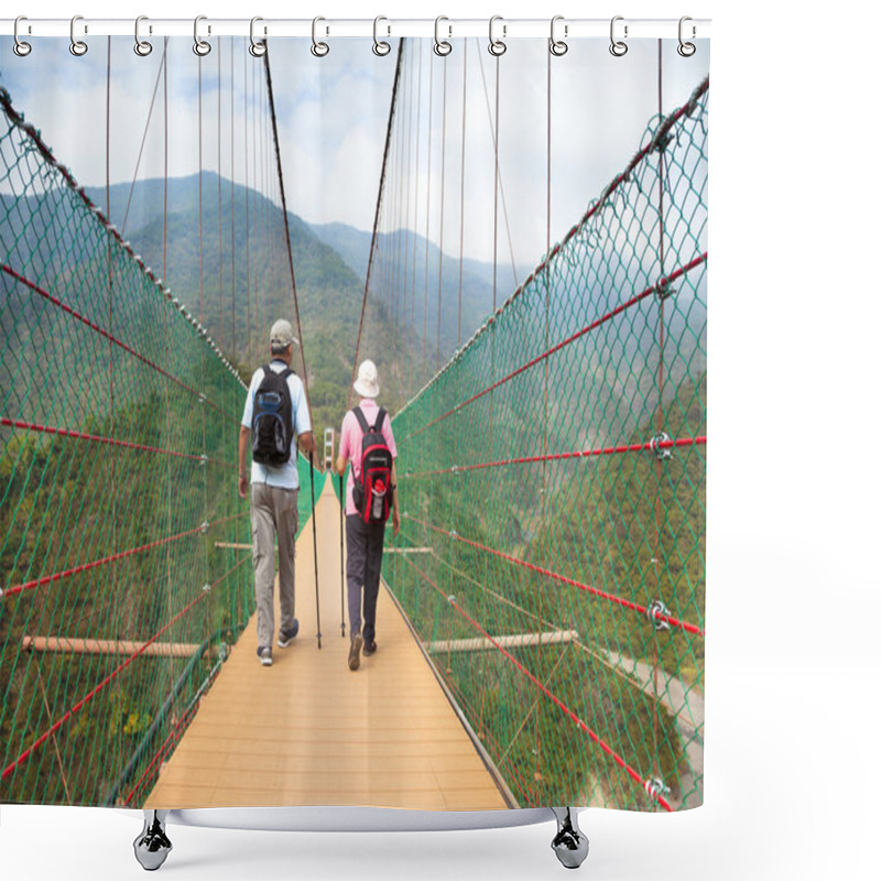 Personality  Happy Senior Couple Walking On The Bridge In The Nature Park Shower Curtains