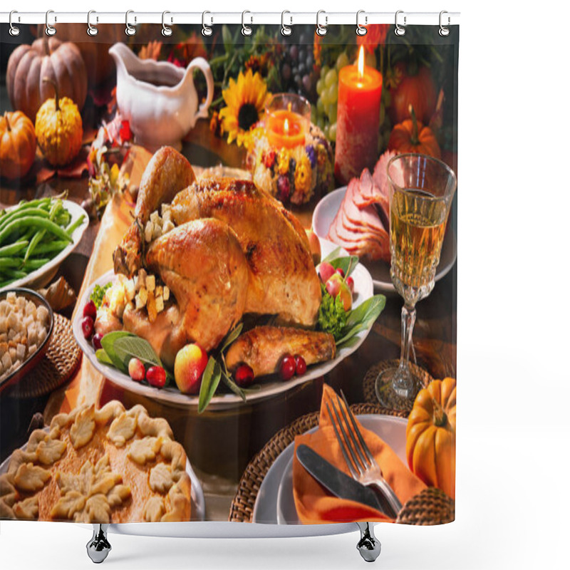 Personality  Thanksgiving Dinner. Roasted Turkey Garnished With Cranberries On A Rustic Style Table Decoraded With Pumpkins, Vegetables, Pie, Flowers And Candles Shower Curtains