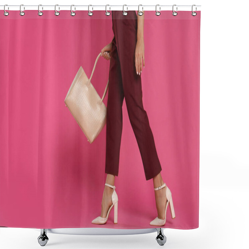 Personality  Woman With Stylish Bag On Pink Background, Closeup. Space For Text Shower Curtains