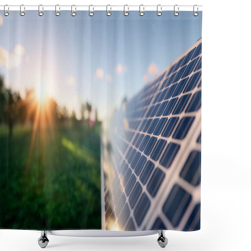 Personality  3d Rendering Of Row Solar Panel In Green Field Reflection With Sunlight To Show Converting Sunlight Energy To Electric Energy. Shower Curtains