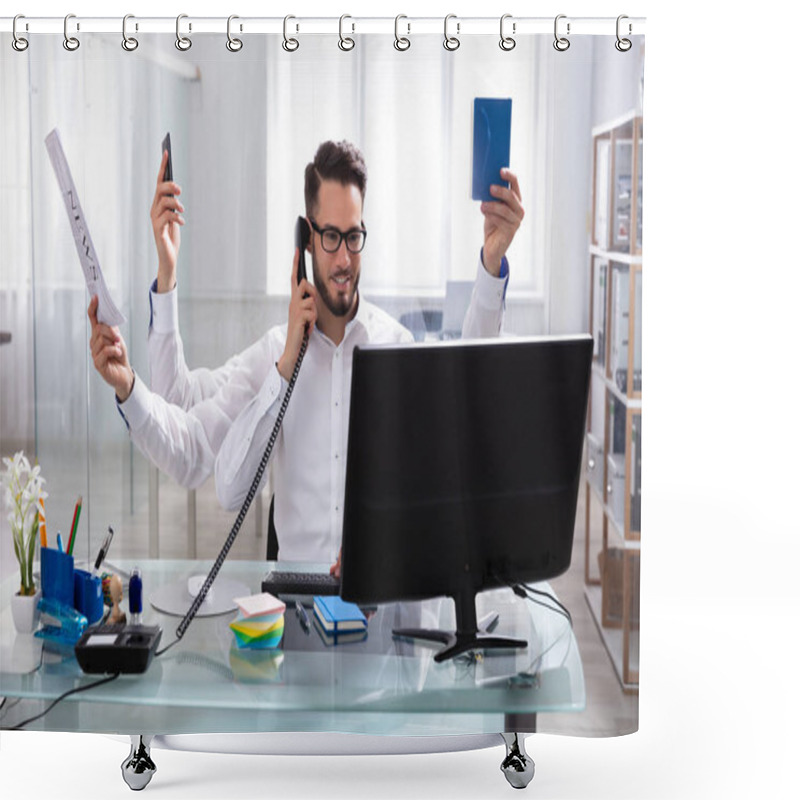 Personality  Smiling Young Businessman Doing Multitasking Work At Workplace Shower Curtains