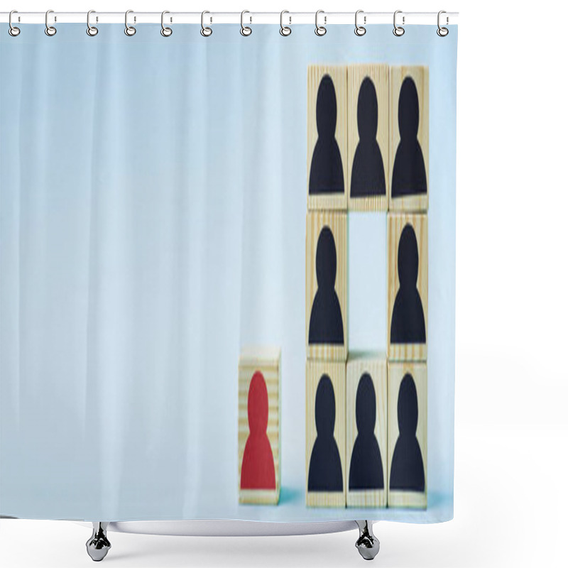 Personality  Square Of Wooden Blocks With Black Human Icons And Red Piece On Blue Background, Leadership Concept, Panoramic Shot Shower Curtains