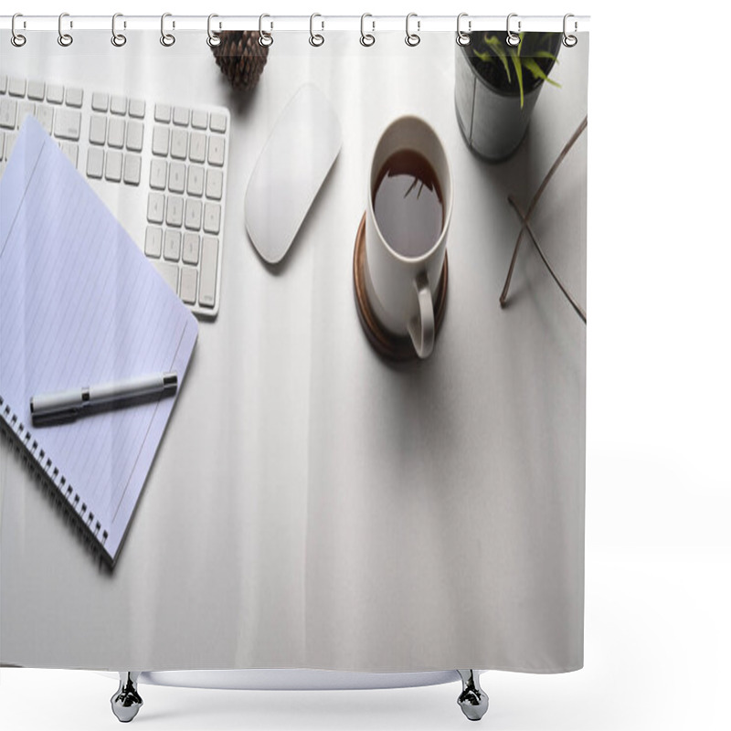 Personality  Simple Workspace With, Notebook, Coffee Cup, Plant, Keyboard On White Desk. Shower Curtains