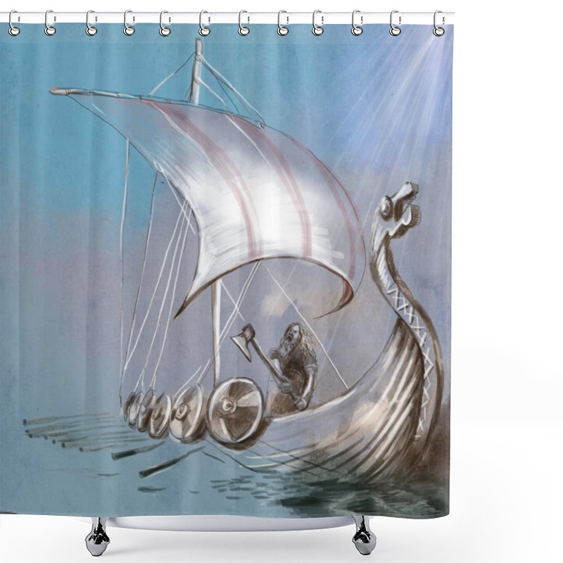 Personality  Viking Age. Drekar Ship And Warrior With The Axe Standing On Boat With Dragon Head. An Hand Painted Illustration. Shower Curtains