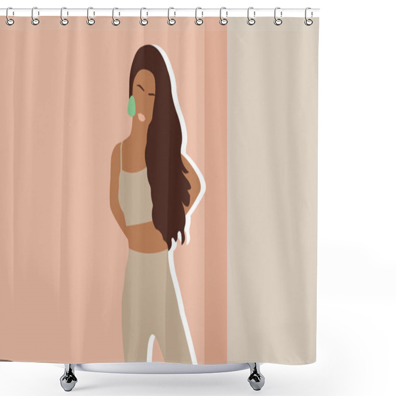 Personality  Tanned Girl With Green Earing And Brown Hair On Pink Background. Fashion Vector Illustration Shower Curtains