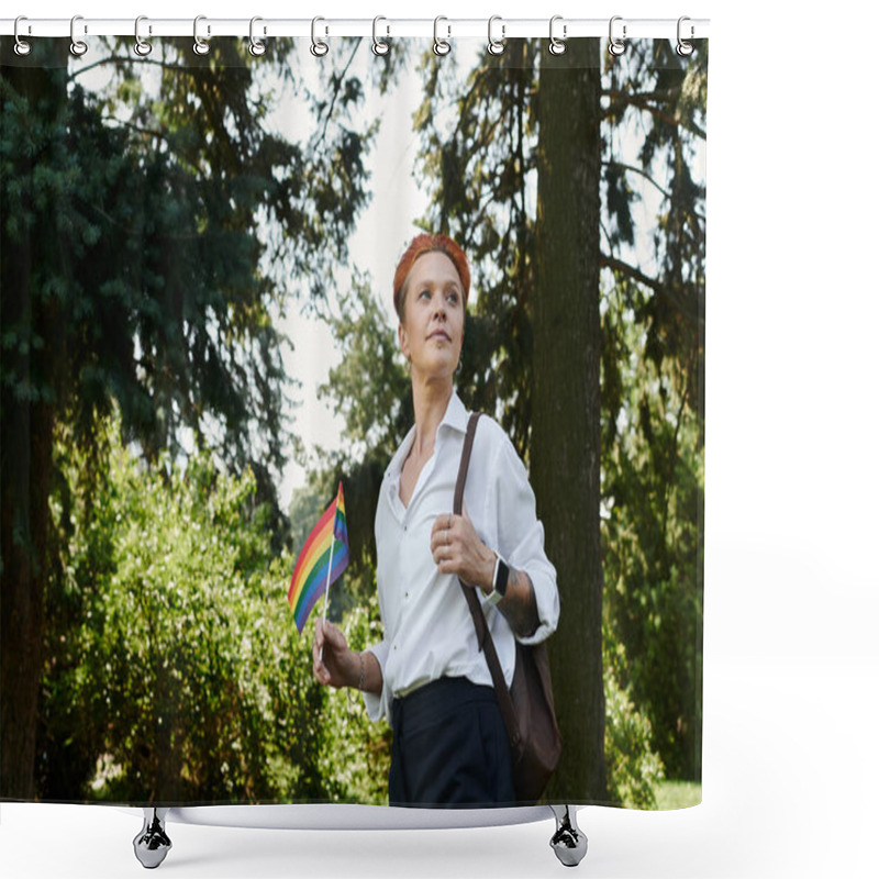 Personality  A Teacher Walks Through A Campus, Holding A Rainbow Flag. Shower Curtains