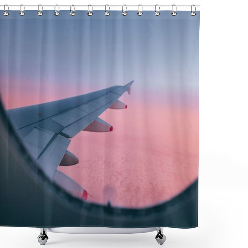 Personality  View From Airplane Window. Wing During Flight Above Clouds At Beautiful Sunset.  Shower Curtains