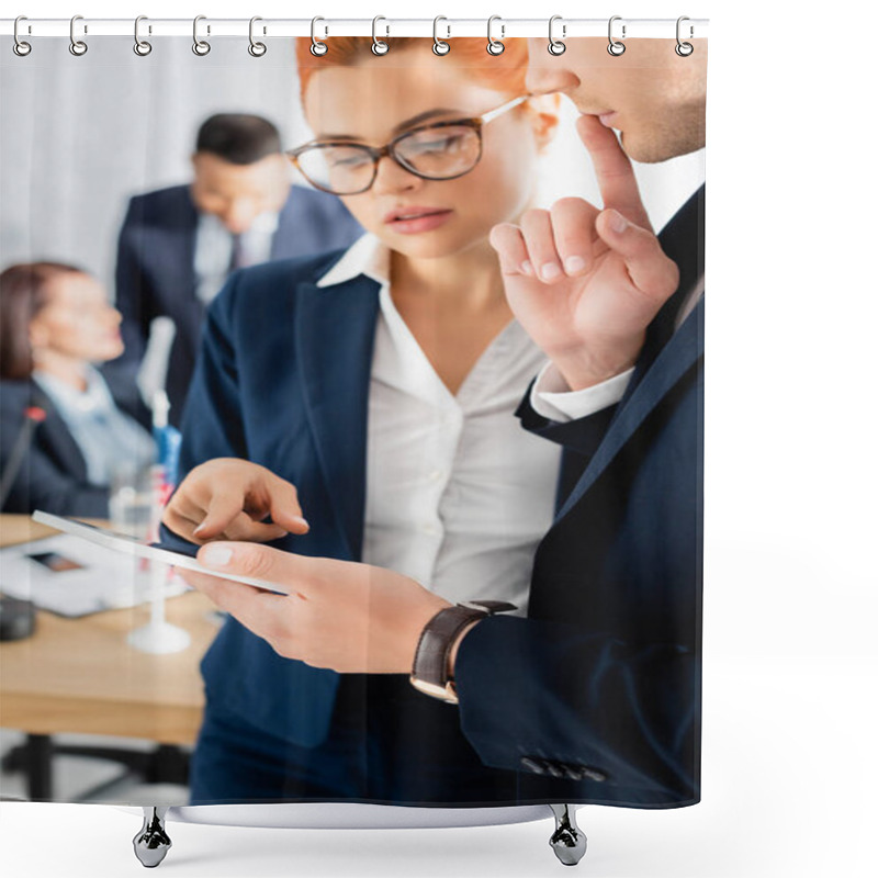 Personality  Woman Pointing With Finger At Digital Tablet Near Colleague While Party Members Talking On Blurred Background Shower Curtains