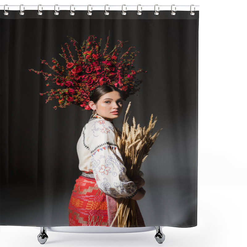 Personality  Brunette And Young Ukrainan Woman In Floral Wreath With Berries Holding Wheat On Black Shower Curtains